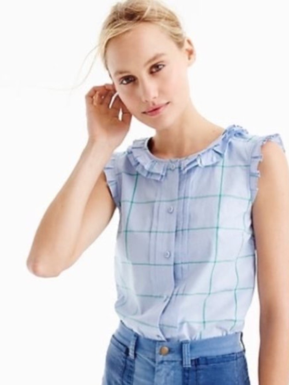 NWT J Crew Blue Green Ruffled Windowpane Shirt Blouse  14